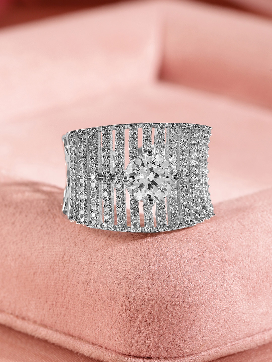

Rubans Silver Plated AD & Cubic Zirconia Studded Concave Adjustable Finger Ring