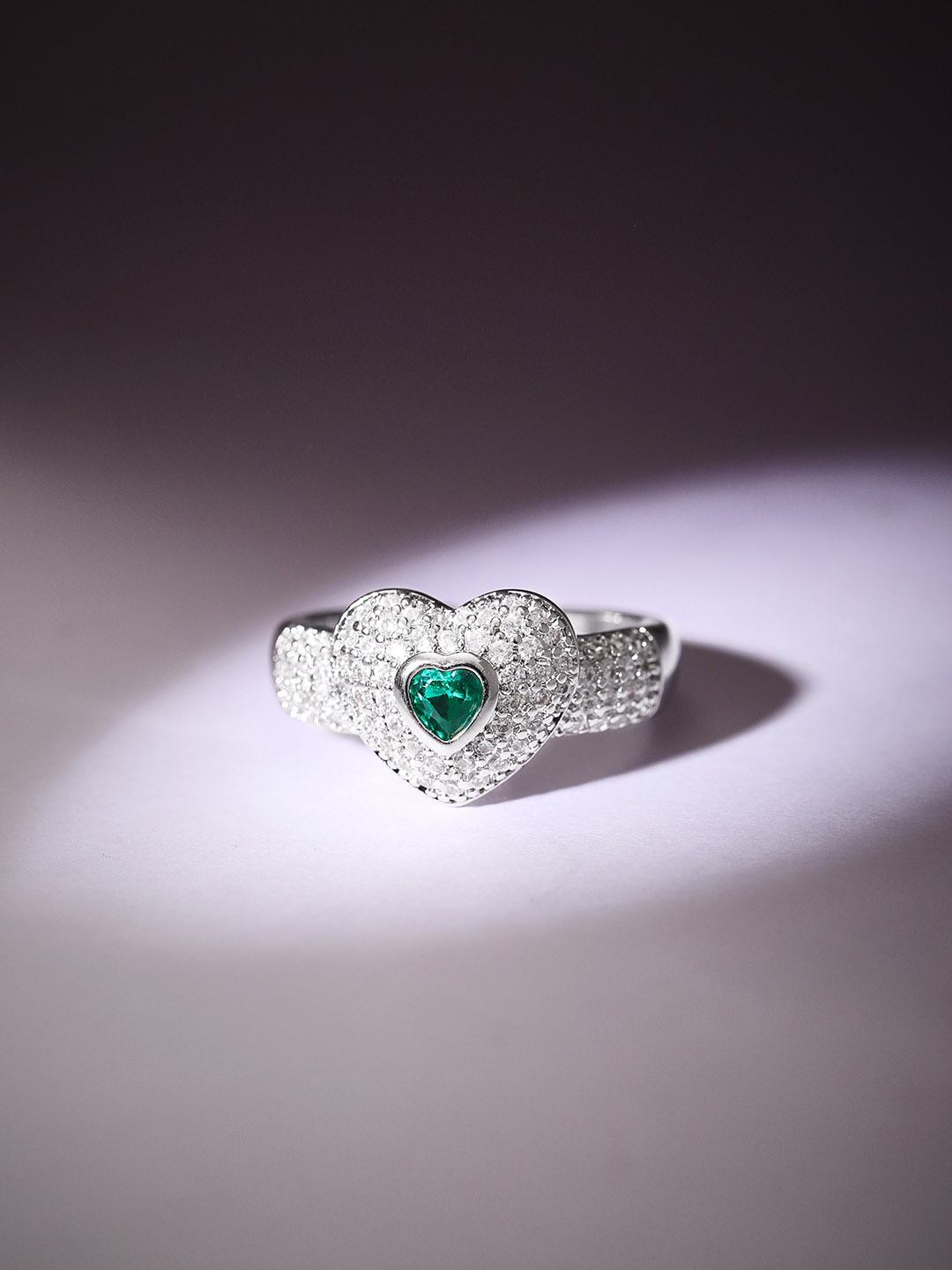 

Rubans Women Silver-Plated AD-Studded Heart Shape Finger Ring, Green