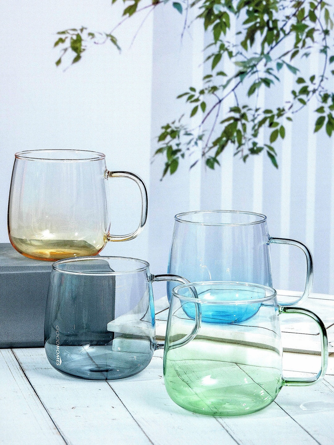 

GOODHOMES Transparent Set of 4 Glass Glossy Mugs 380 ml Each