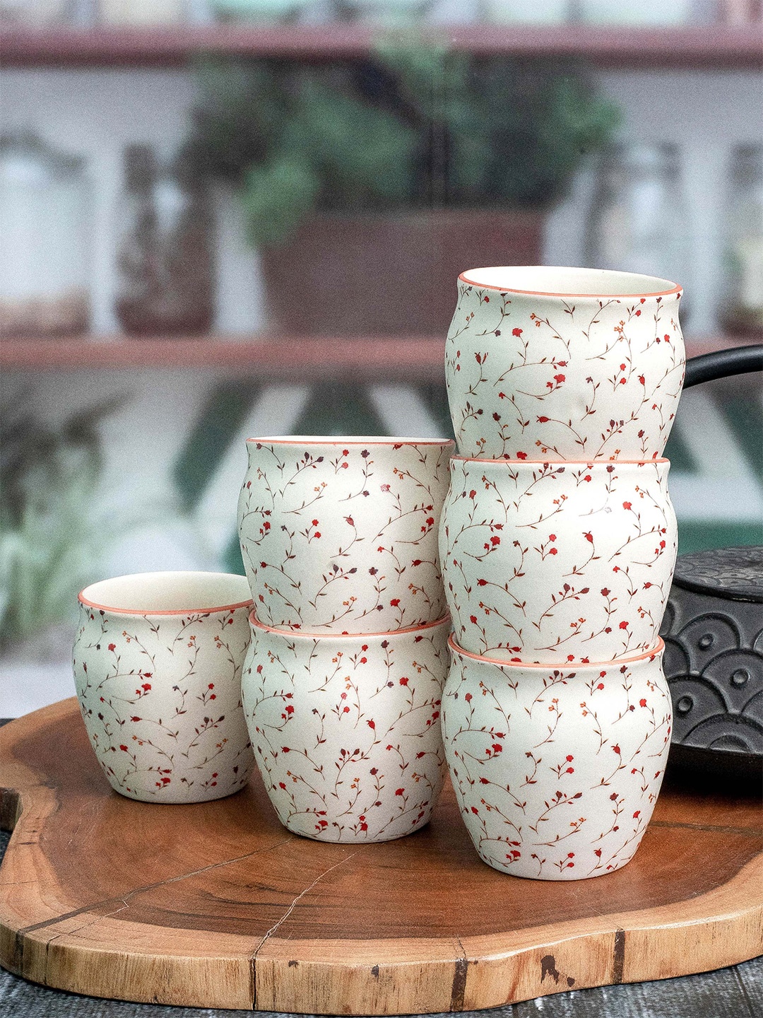 

GOODHOMES White & Red Set of 6 Printed Stoneware Kulladhs 180 ml Each