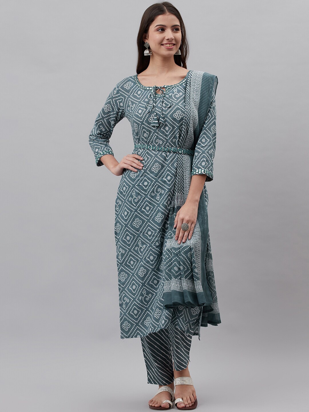 

KALINI Women Bandhani Printed Pure Cotton Kurta With Trousers & Dupatta, Turquoise blue