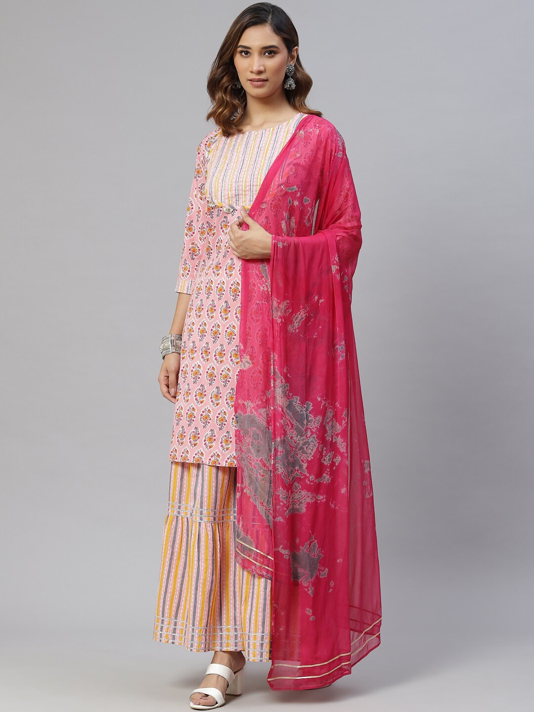 

KALINI Women Floral Printed Gotta Patti Pure Cotton Kurta With Sharara & Dupatta, Pink