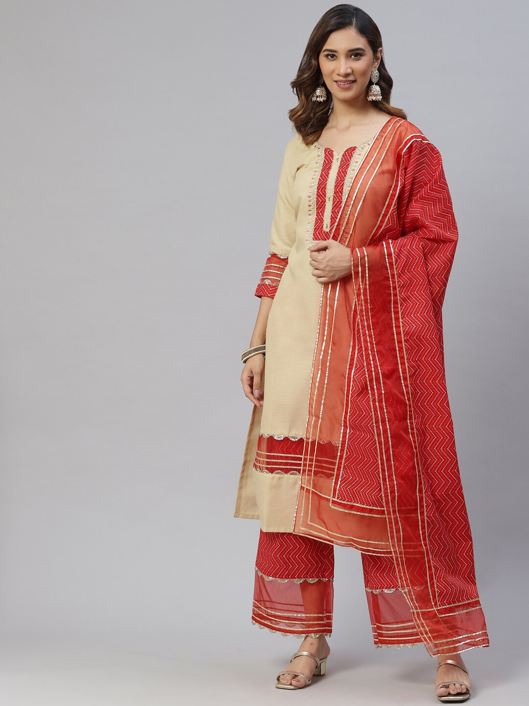 

KALINI Women Bandhani Yoke Design Gotta Patti Kurta with Palazzos & Dupatta, Cream
