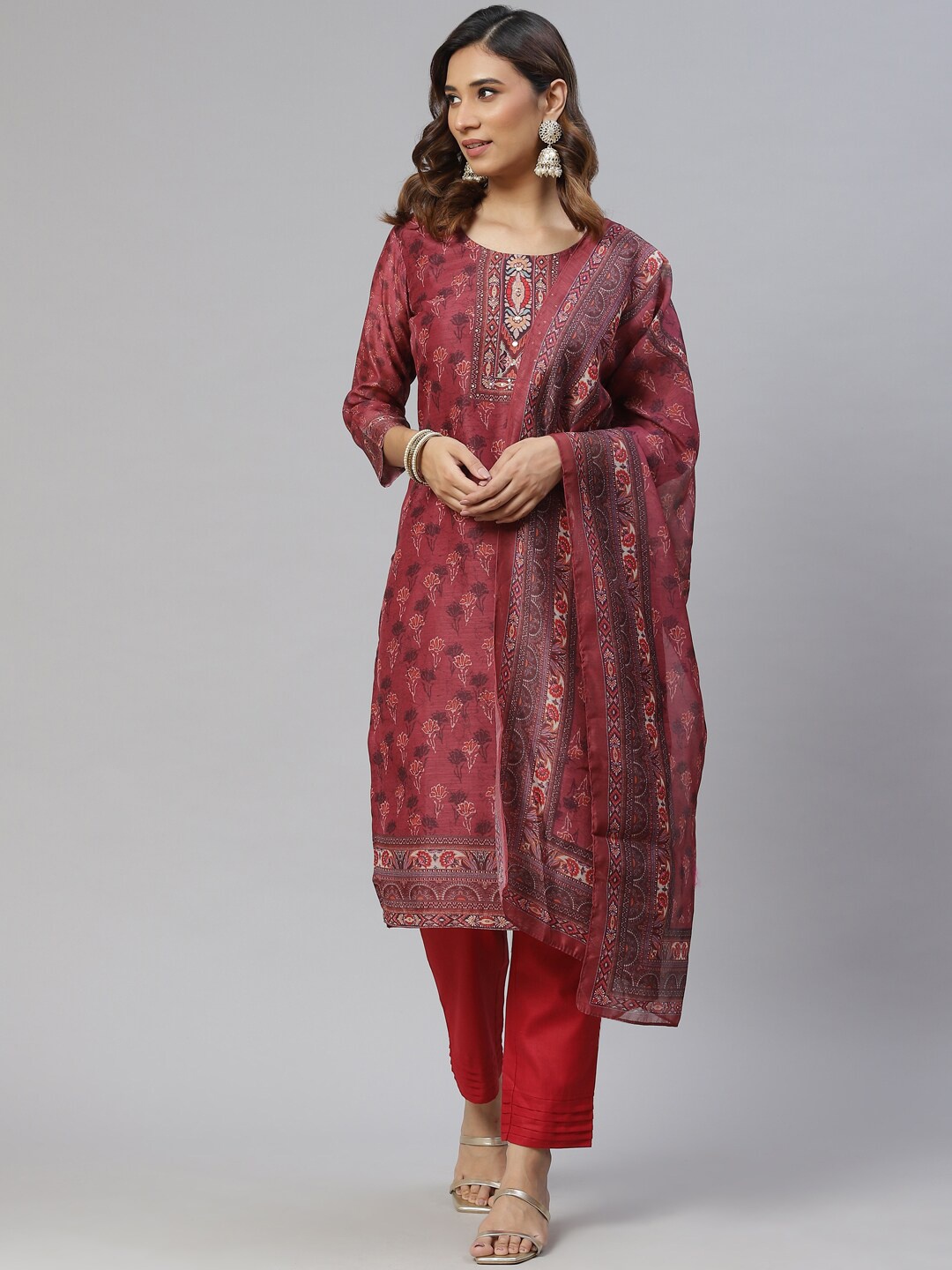 

KALINI Women Floral Printed Sequinned Kurta with Trousers & Dupatta, Pink