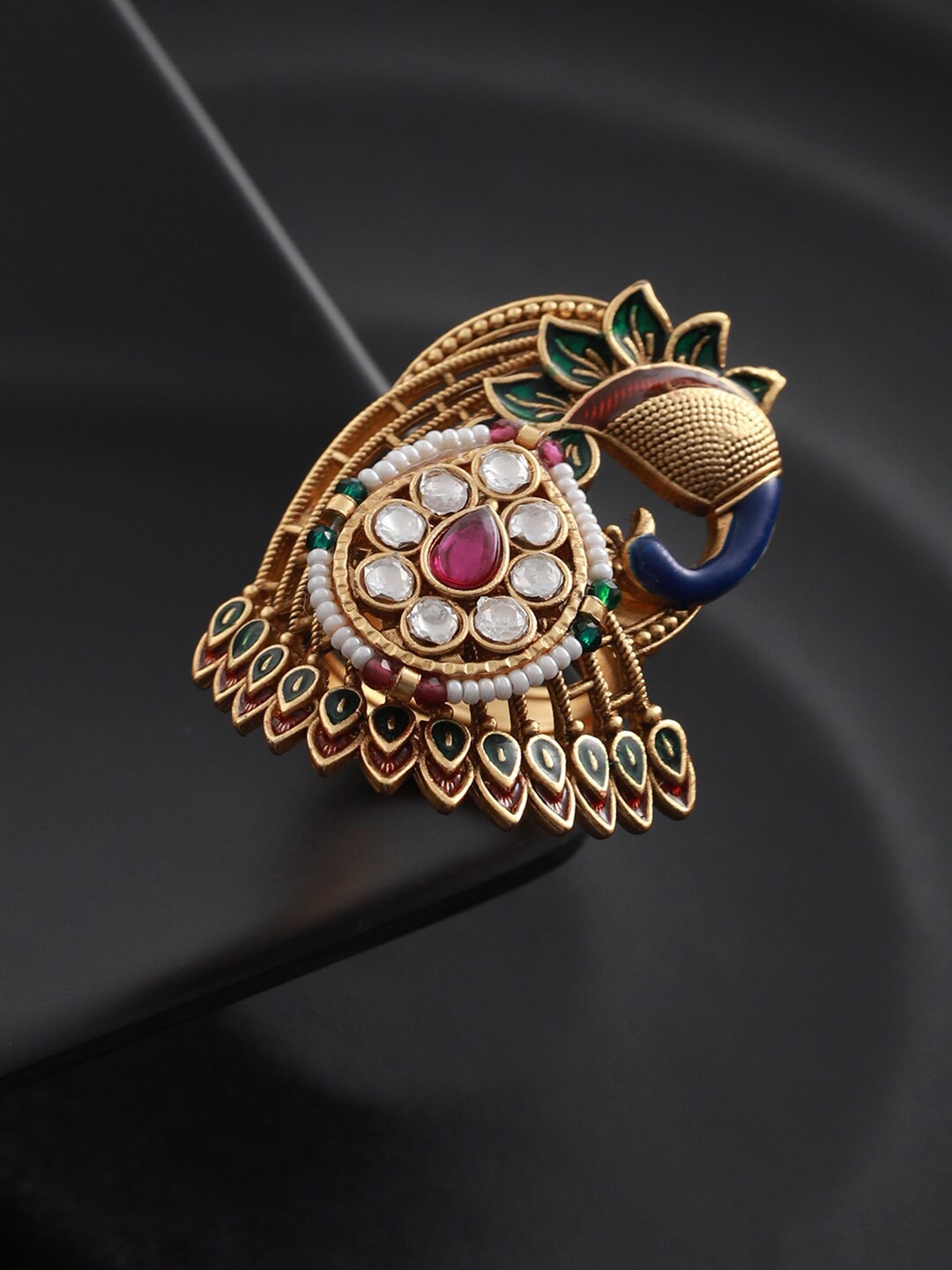 

Priyaasi Women Gold-Plated Stone Studded Peacock Finger Ring, Green