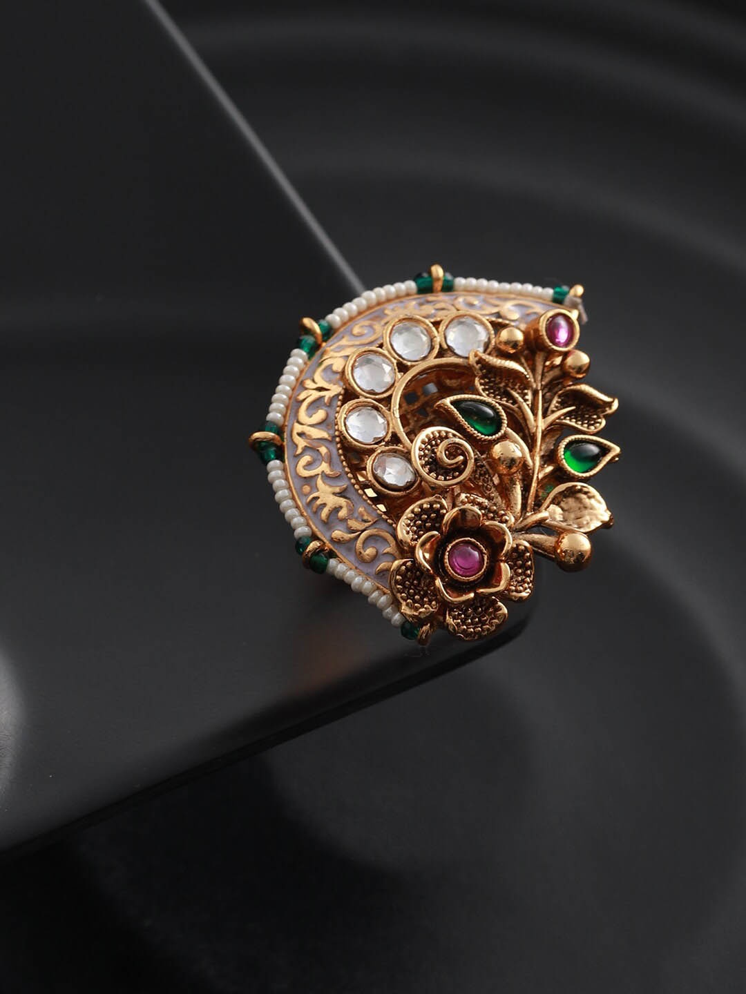 

Priyaasi Women Gold-Plated Stone Studded Floral Finger Ring, White