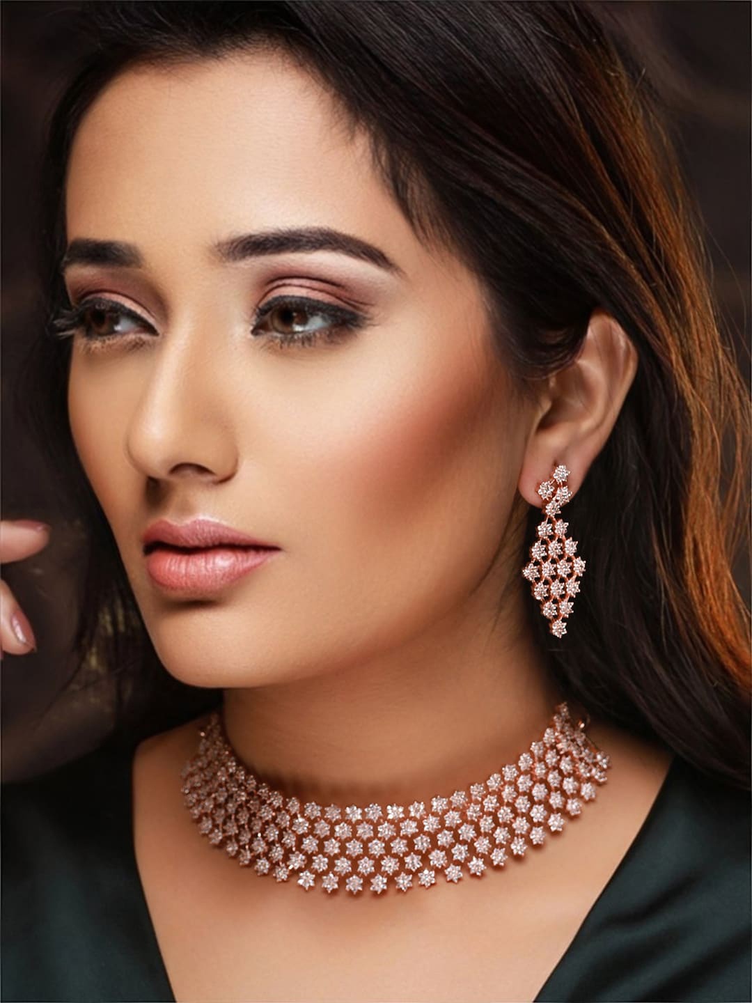 

Priyaasi Women Rose Gold-Plated AD Studded Jewellery Set