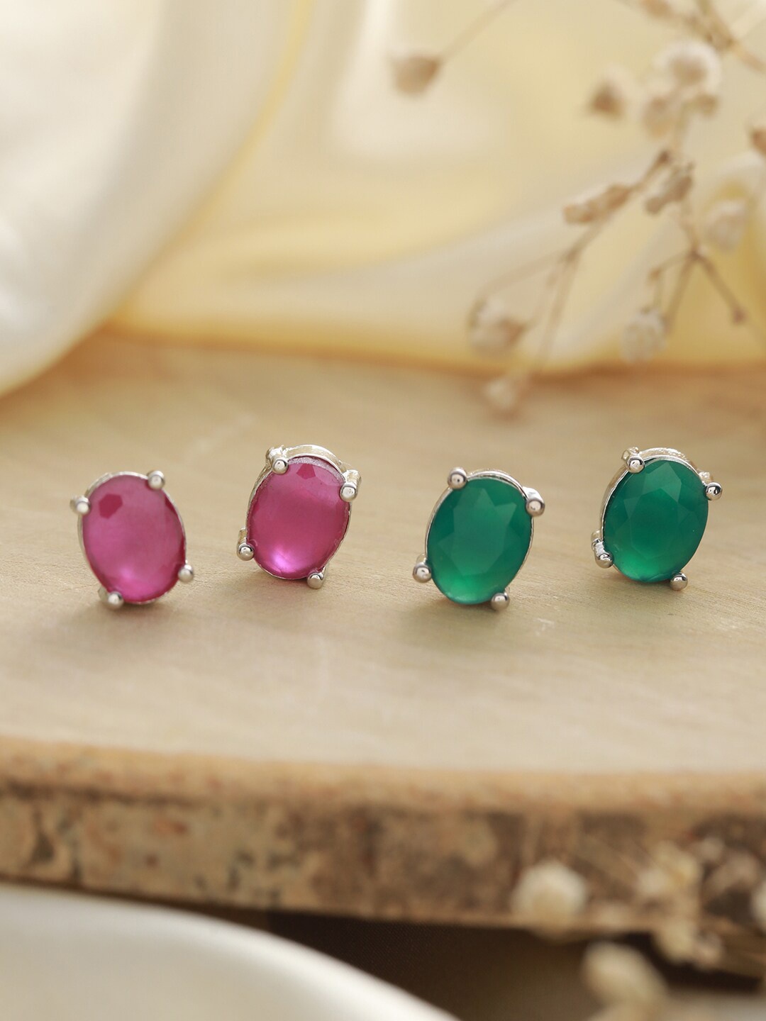

Priyaasi Set of 2 Silver-PlatedContemporary Studs Earrings, Pink