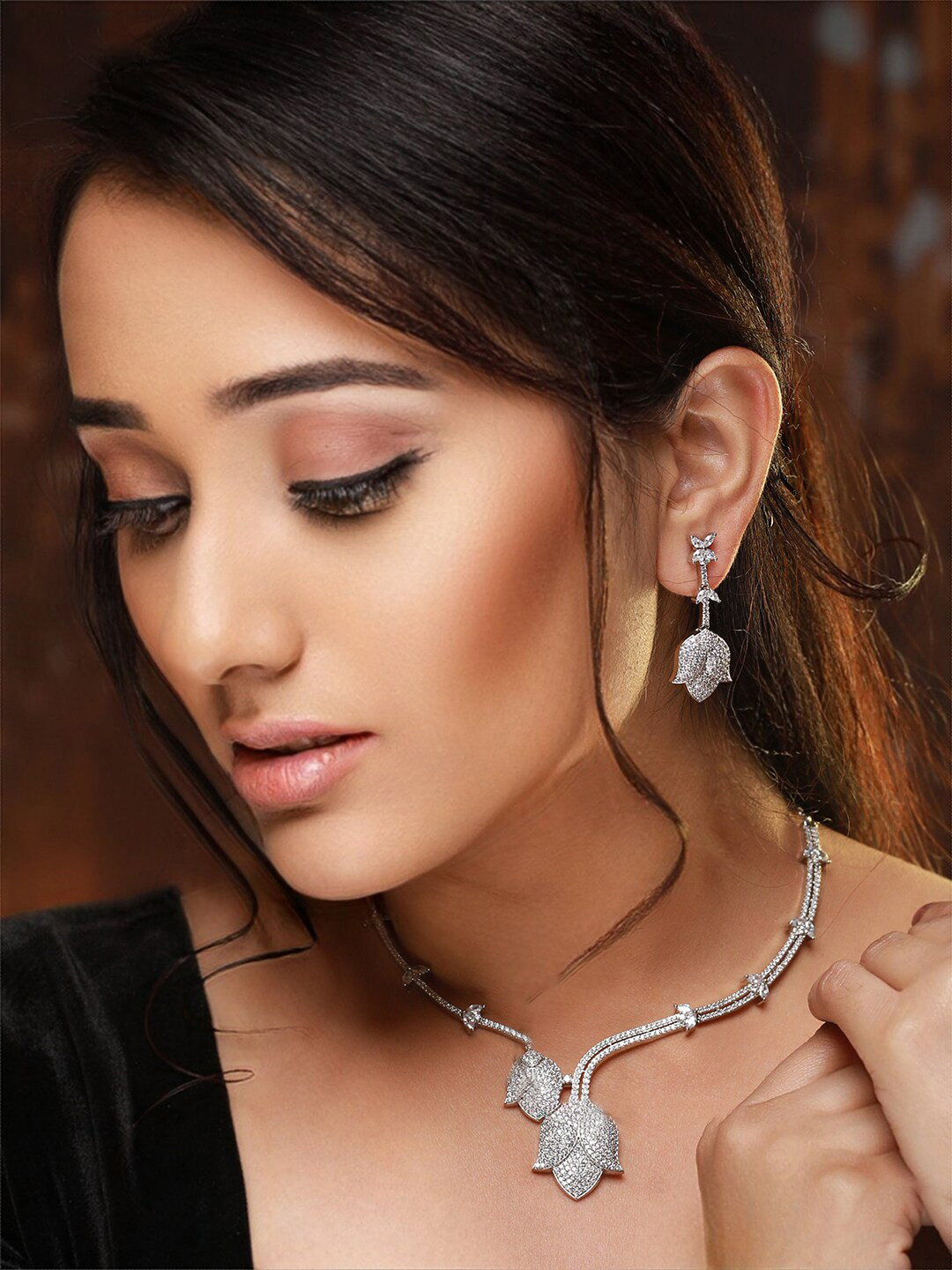

Priyaasi Women Silver-Plated AD Studded Jewellery Set