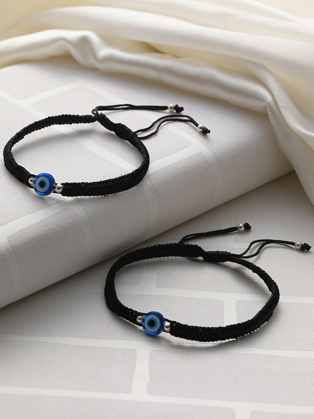 

Priyaasi Set Of 2 Silver-Plated Evil Eye Anklet, Black
