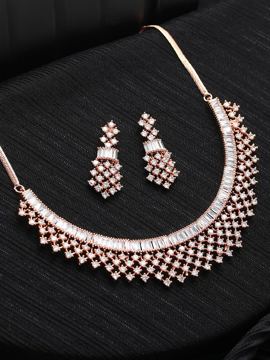 

Priyaasi Women Rose Gold-Plated AD Studded Jewellery Set, White