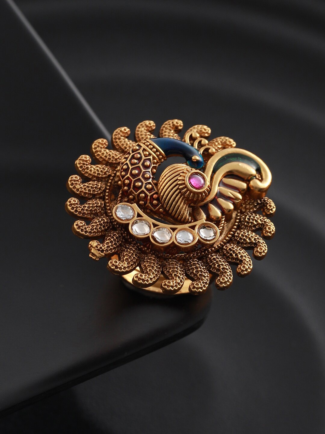 

Priyaasi Women Gold-Plated Stone Studded Peacock Adjustable Finger Ring, Teal