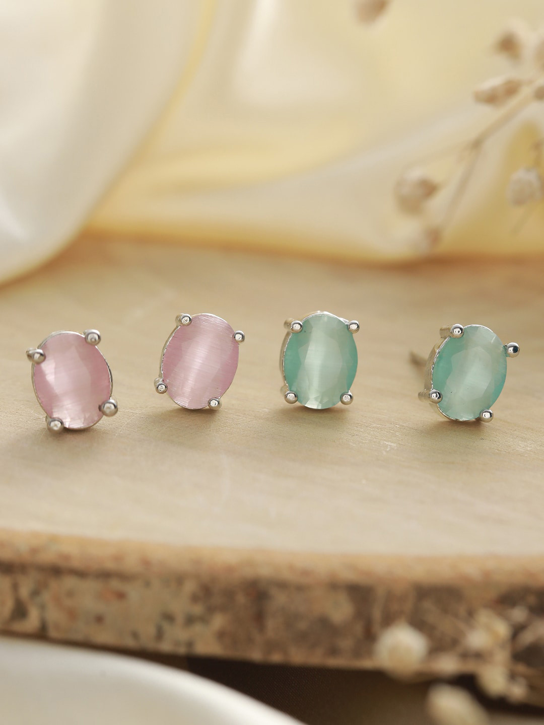 

Priyaasi Set of 2 Silver-Plated Contemporary Studs Earrings, Pink