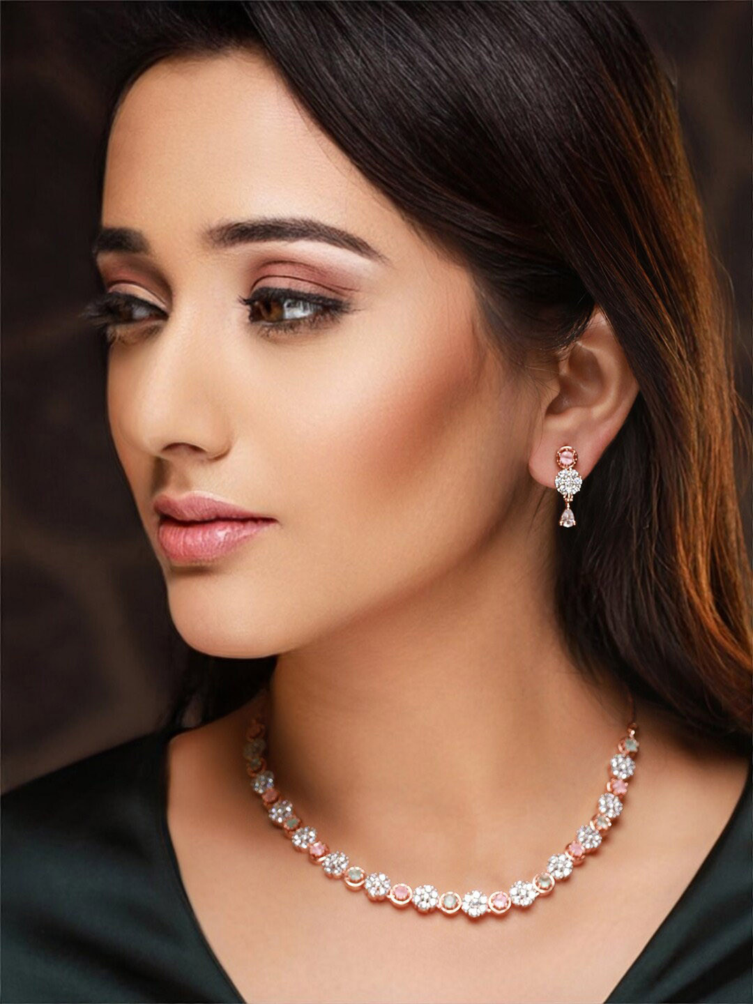 

Priyaasi Rose Gold-Plated AD Studded Floral Jewellery Set, White