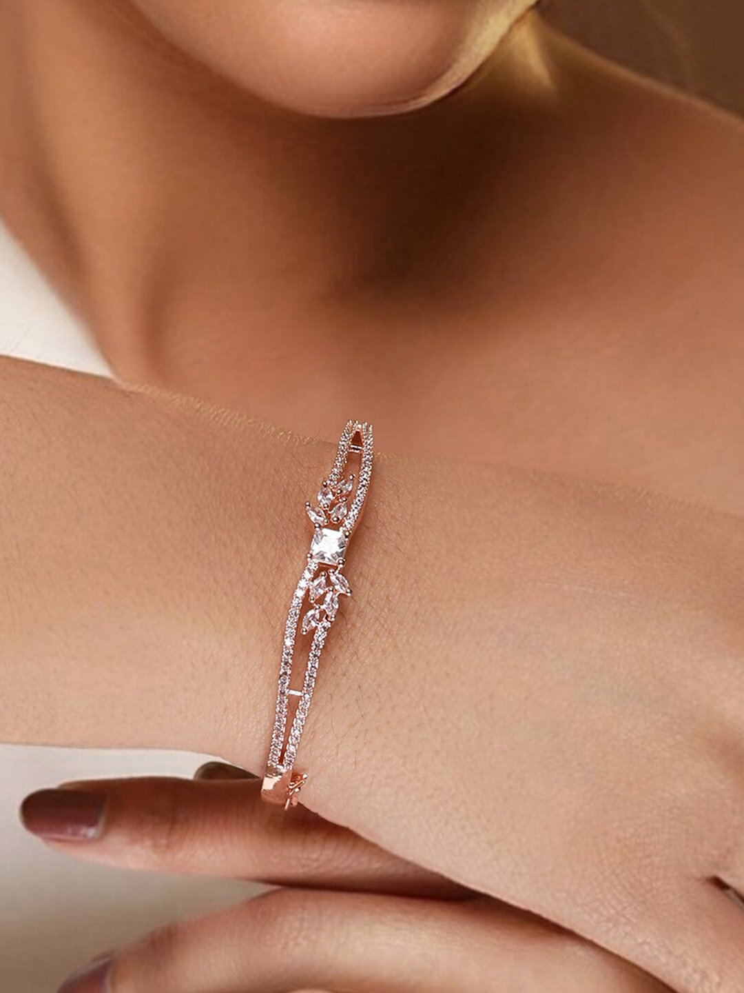 

Priyaasi Women American Diamond Rose Gold-Plated Bangle-Style Bracelet