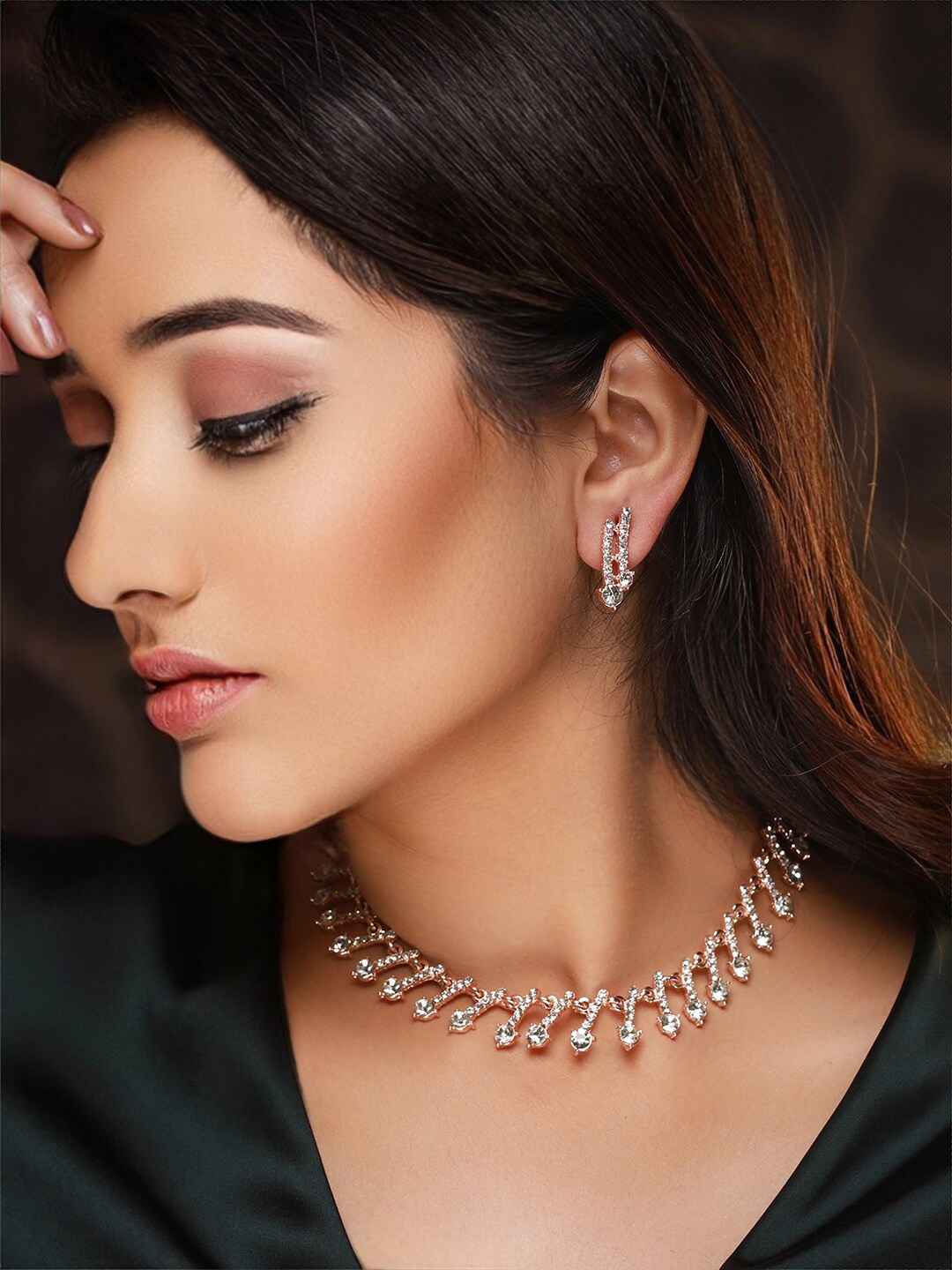 

Priyaasi Rose Gold-Plated AD Stone-Studded Drop Jewellery Set, White
