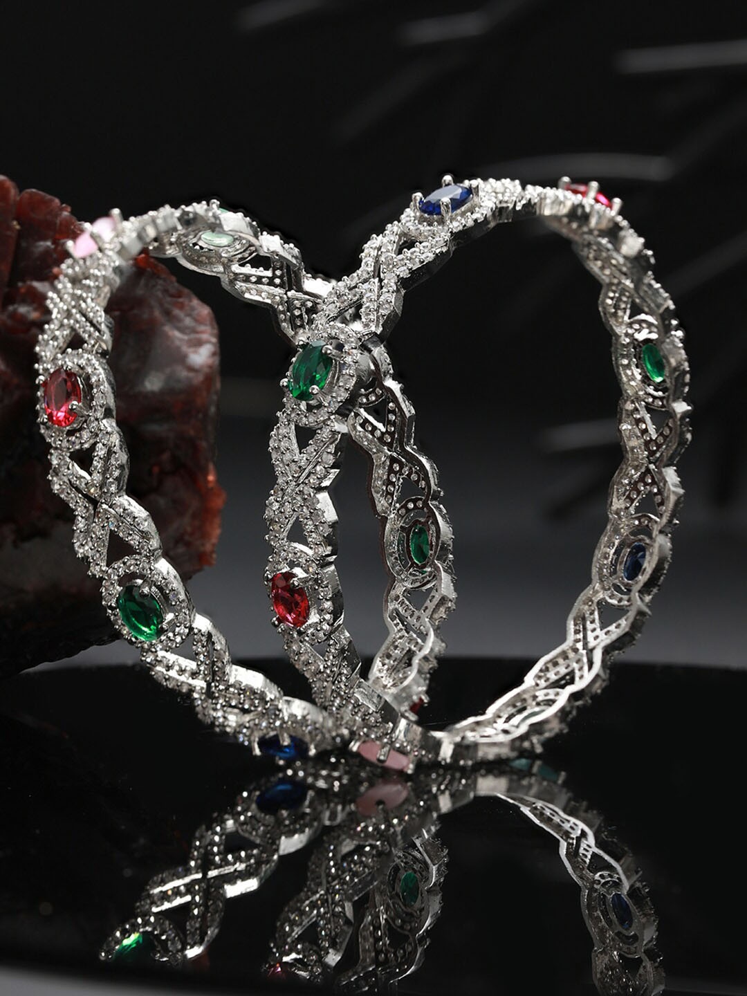 

Priyaasi Set Of 2 Silver-Plated American Diamond Stone-Studded Bangles