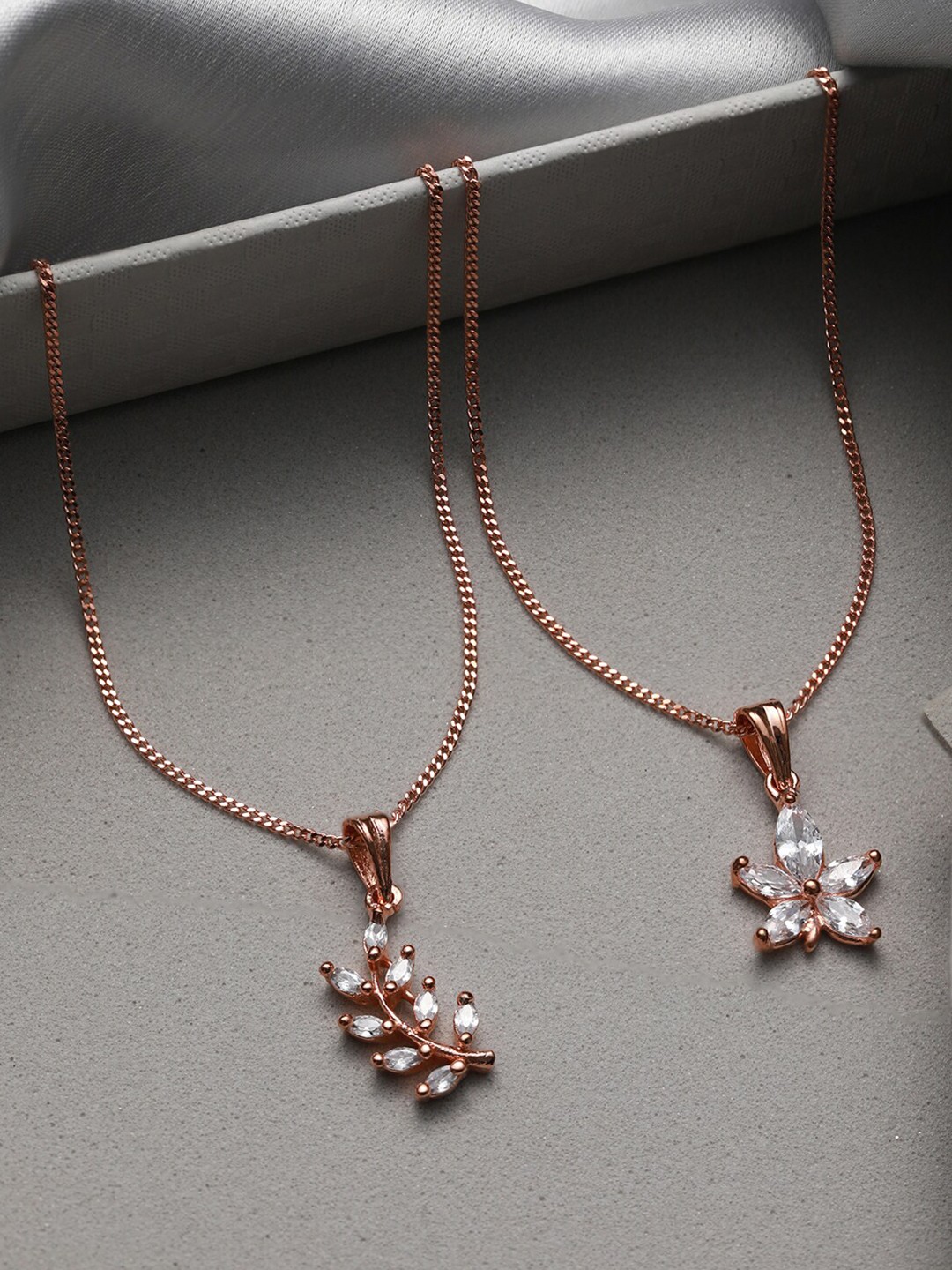 

Priyaasi Women Pack Of 2 Floral Leaf AD Studded Rose Gold-Plated Chain