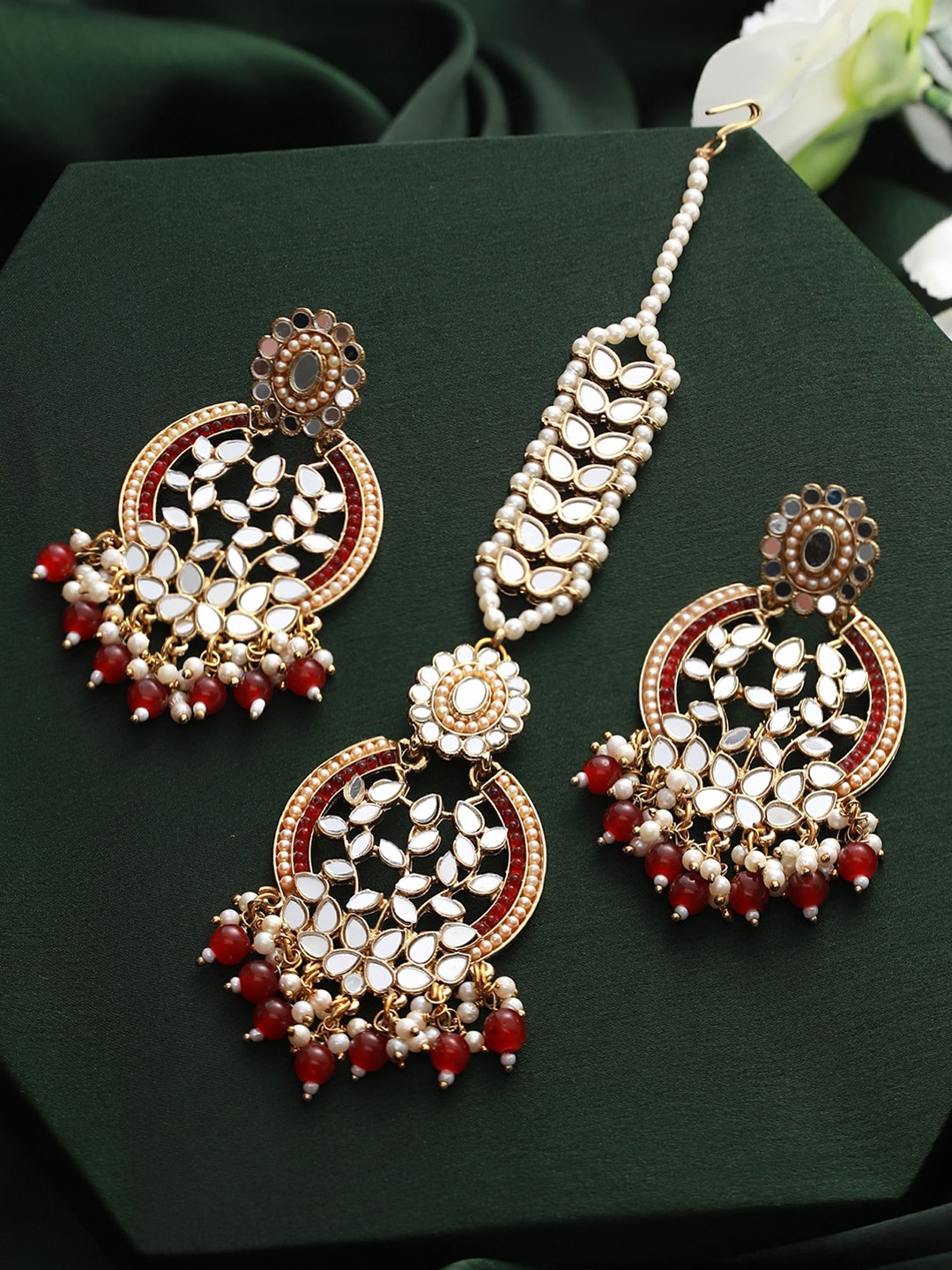 

Priyaasi Gold-Plated Contemporary Chandbalis Earrings With Mangtika