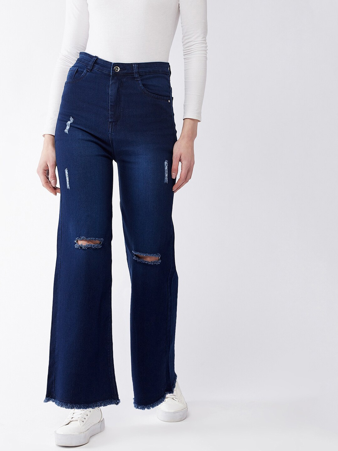 

Purple Feather Women Cotton Wide Leg High-Rise Mildly Distressed Stretchable Jeans, Navy blue
