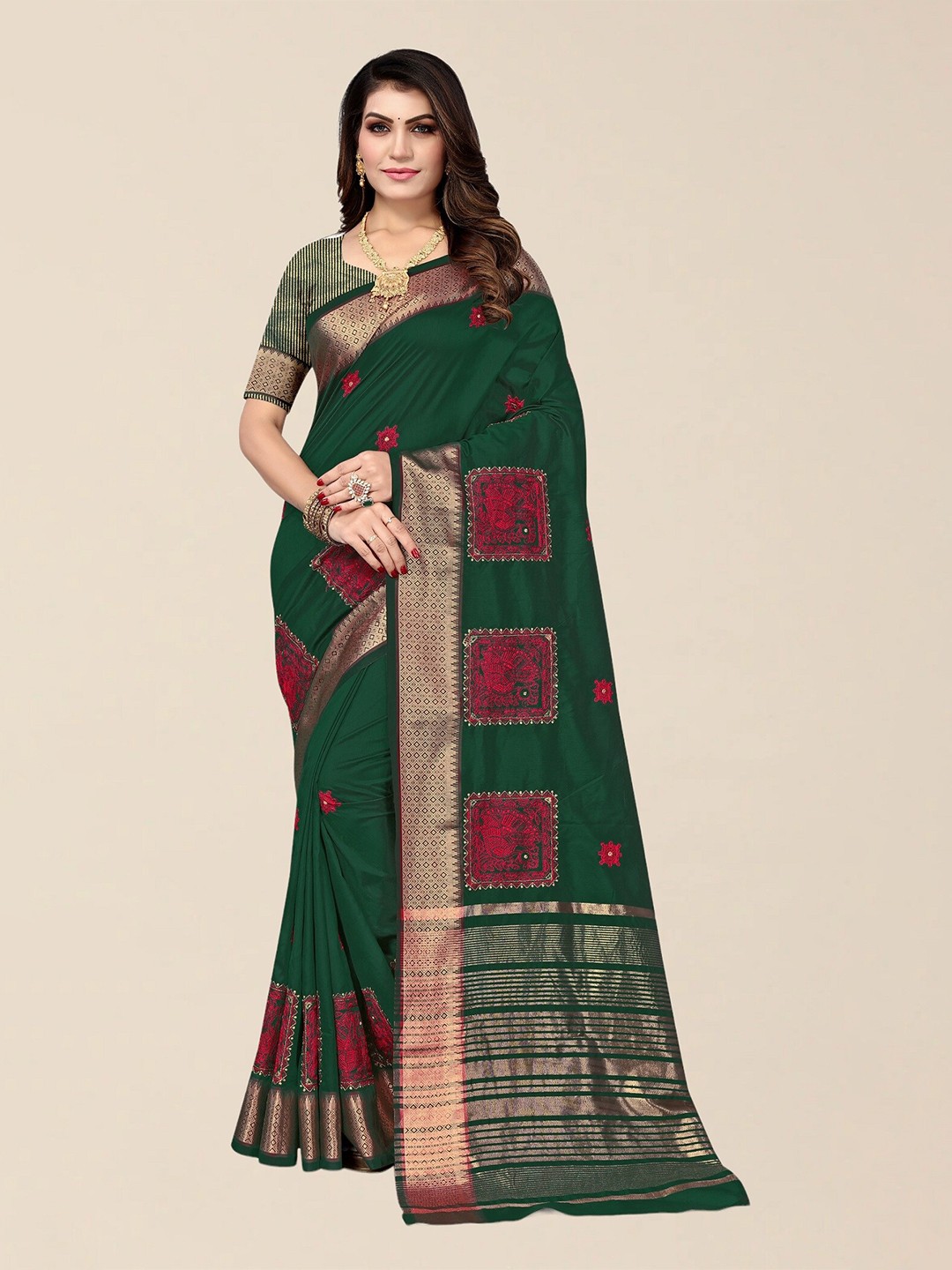 

SERONA FABRICS Floral Silk Cotton Mysore Silk Saree, Green