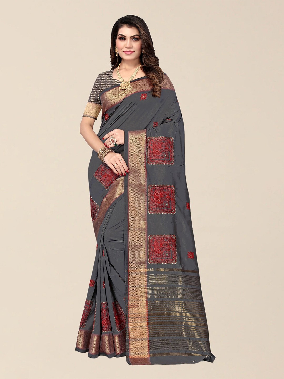 

SERONA FABRICS Floral Silk Cotton Mysore Silk Saree, Grey