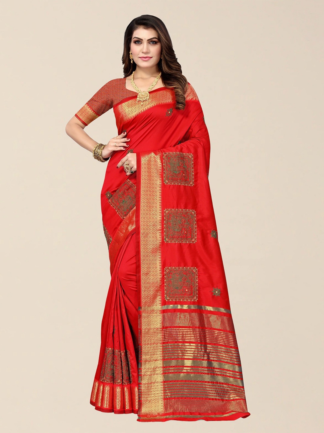 

SERONA FABRICS Ethnic Motifs Embroidered Cotton Silk Saree With Blouse Piece, Red