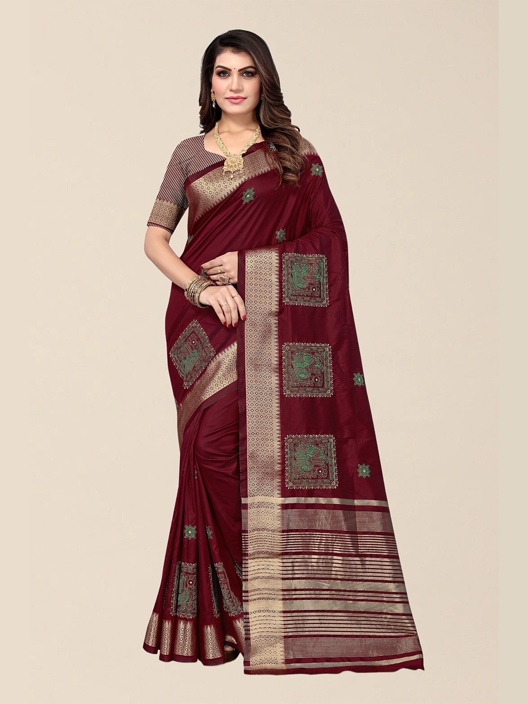 

SERONA FABRICS Floral Embroidery Zari Silk Cotton Mysore Silk Saree, Maroon