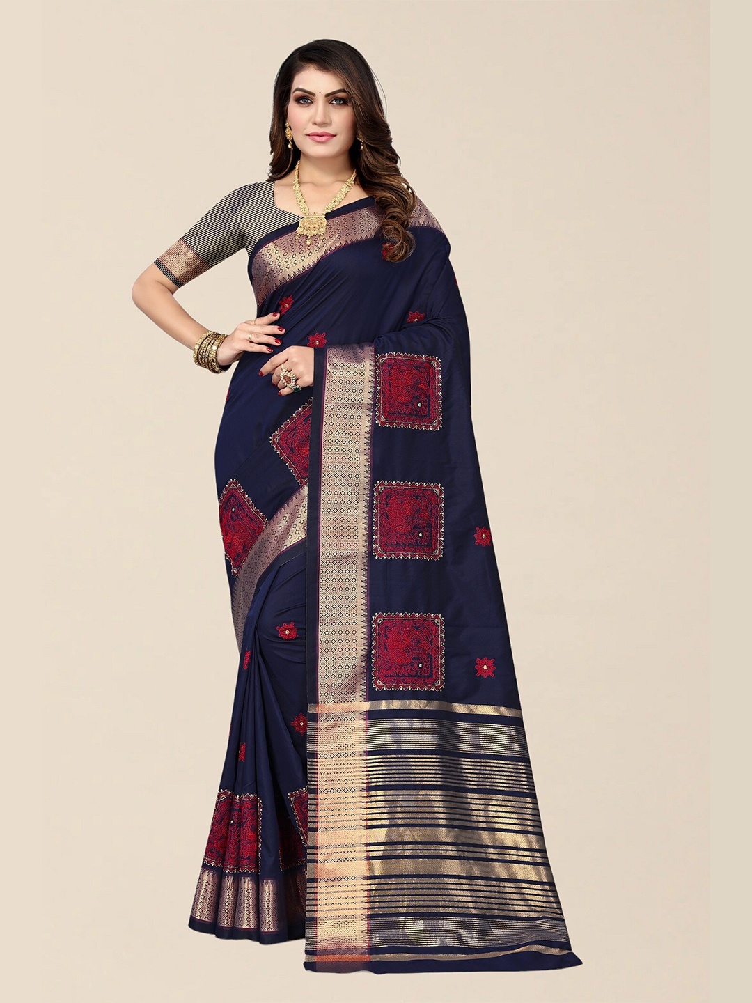 

SERONA FABRICS Floral Embroidered Silk Cotton Mysore Silk Zari Saree, Blue