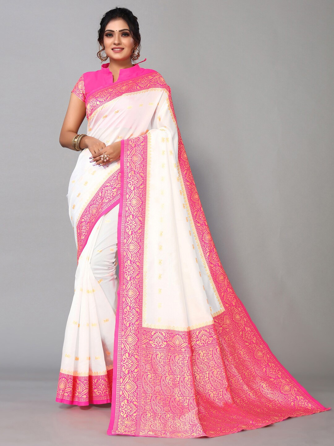 

Mitera Ethnic Motifs Zari Banarasi Saree, White