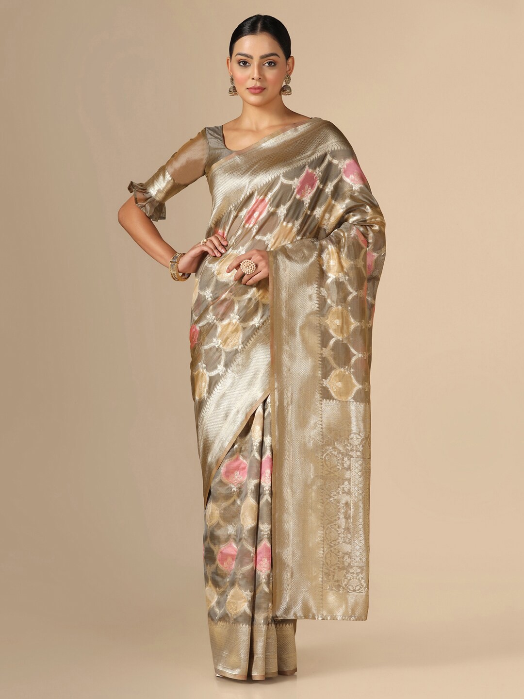 

Mitera Ethnic Motifs Zari Organza Banarasi Saree, Grey