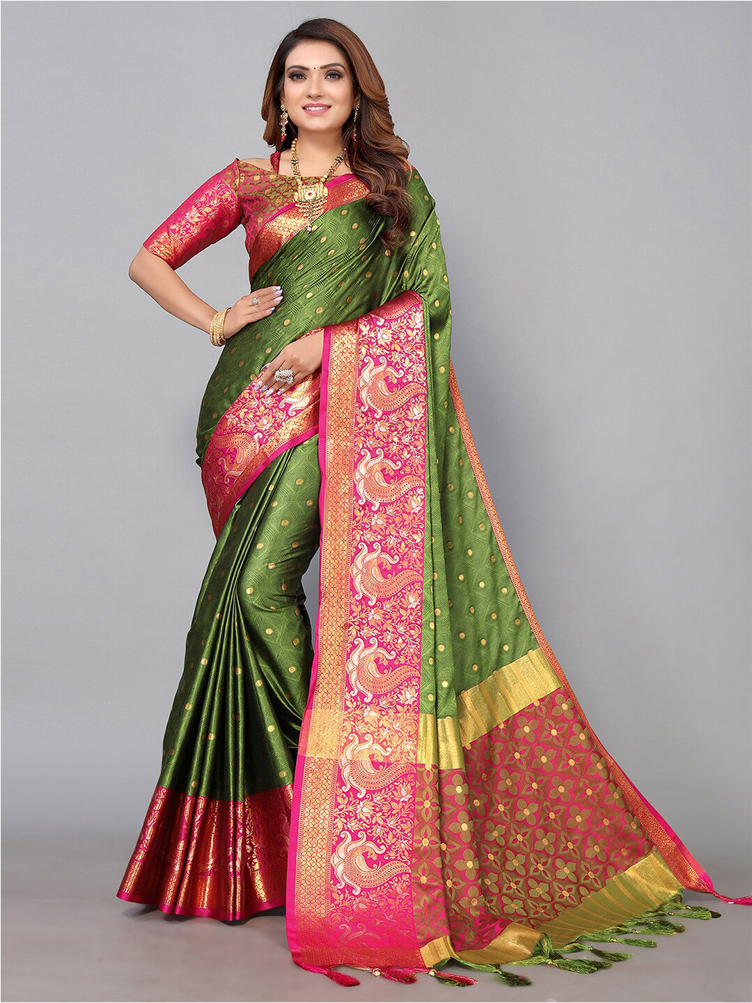 

Mitera Woven Design Zari Silk Blend Banarasi Saree, Green
