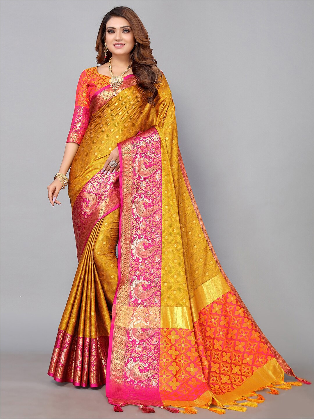 

Mitera Woven Design Zari Silk Blend Banarasi Saree, Mustard