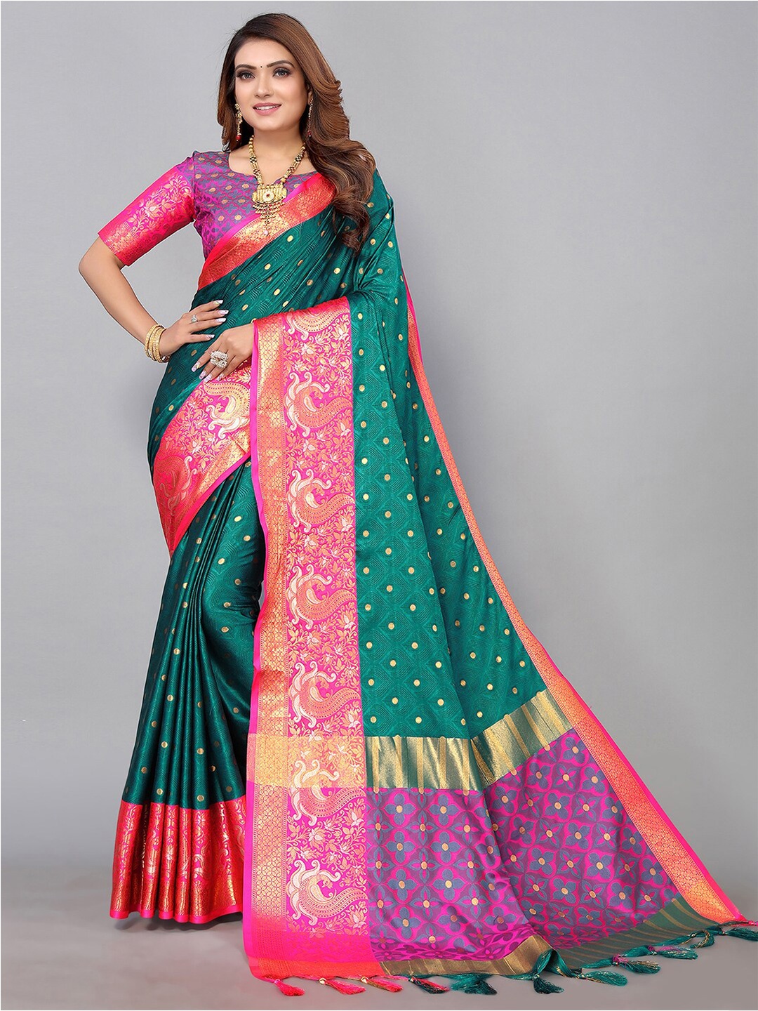 

Mitera Woven Design Zari Silk Blend Banarasi Saree, Teal