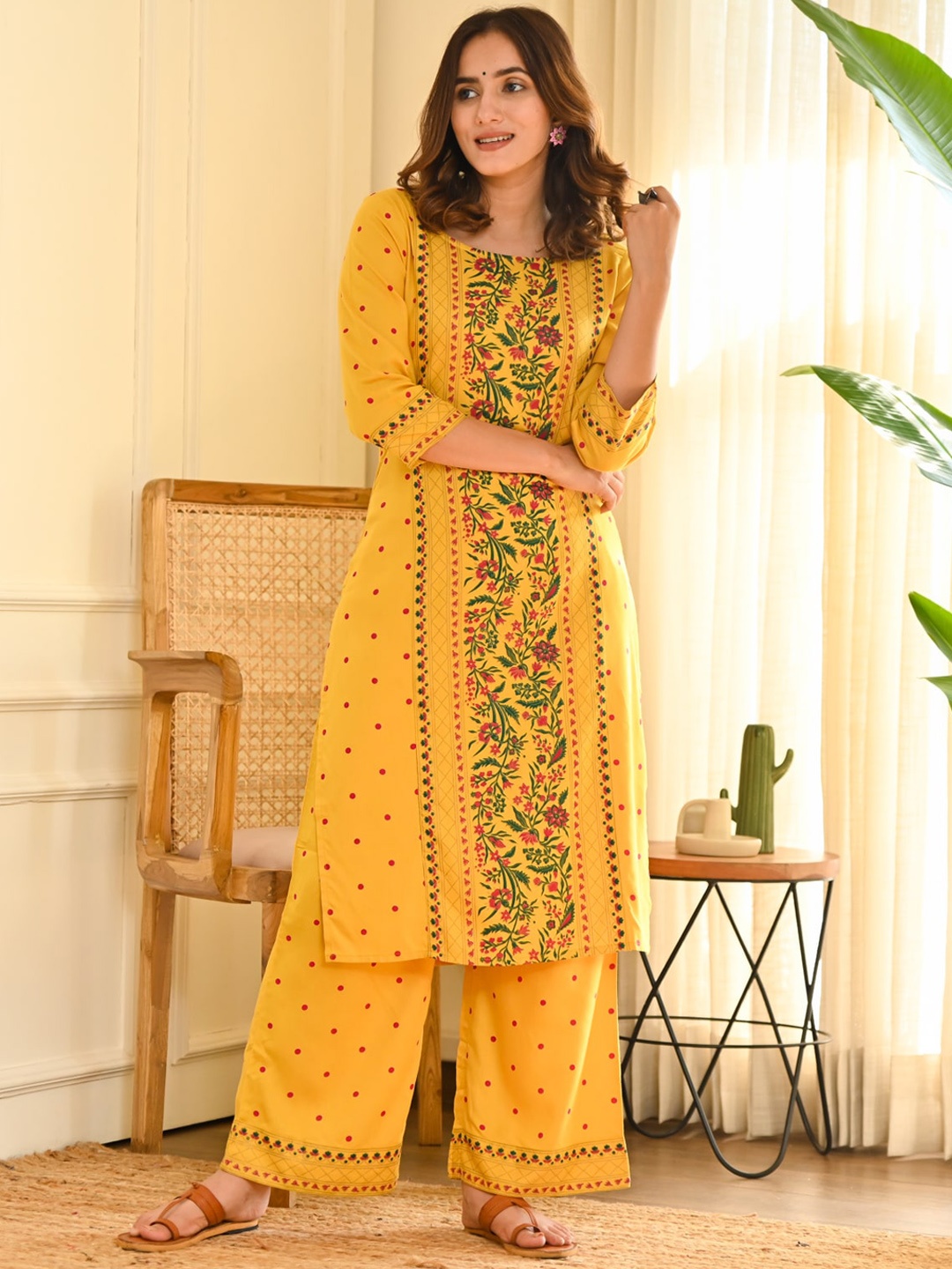 

Rustorange Women Ethnic Motifs Printed Kurta with Palazzos, Mustard