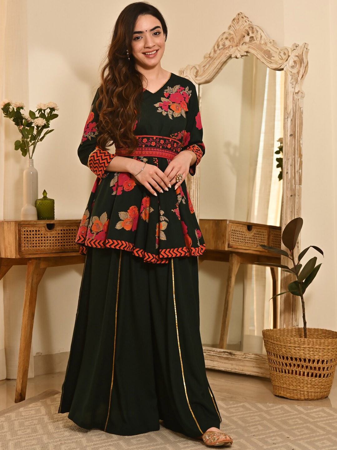 

Rustorange Women Floral Printed Pleated Kurti with Sharara, Green