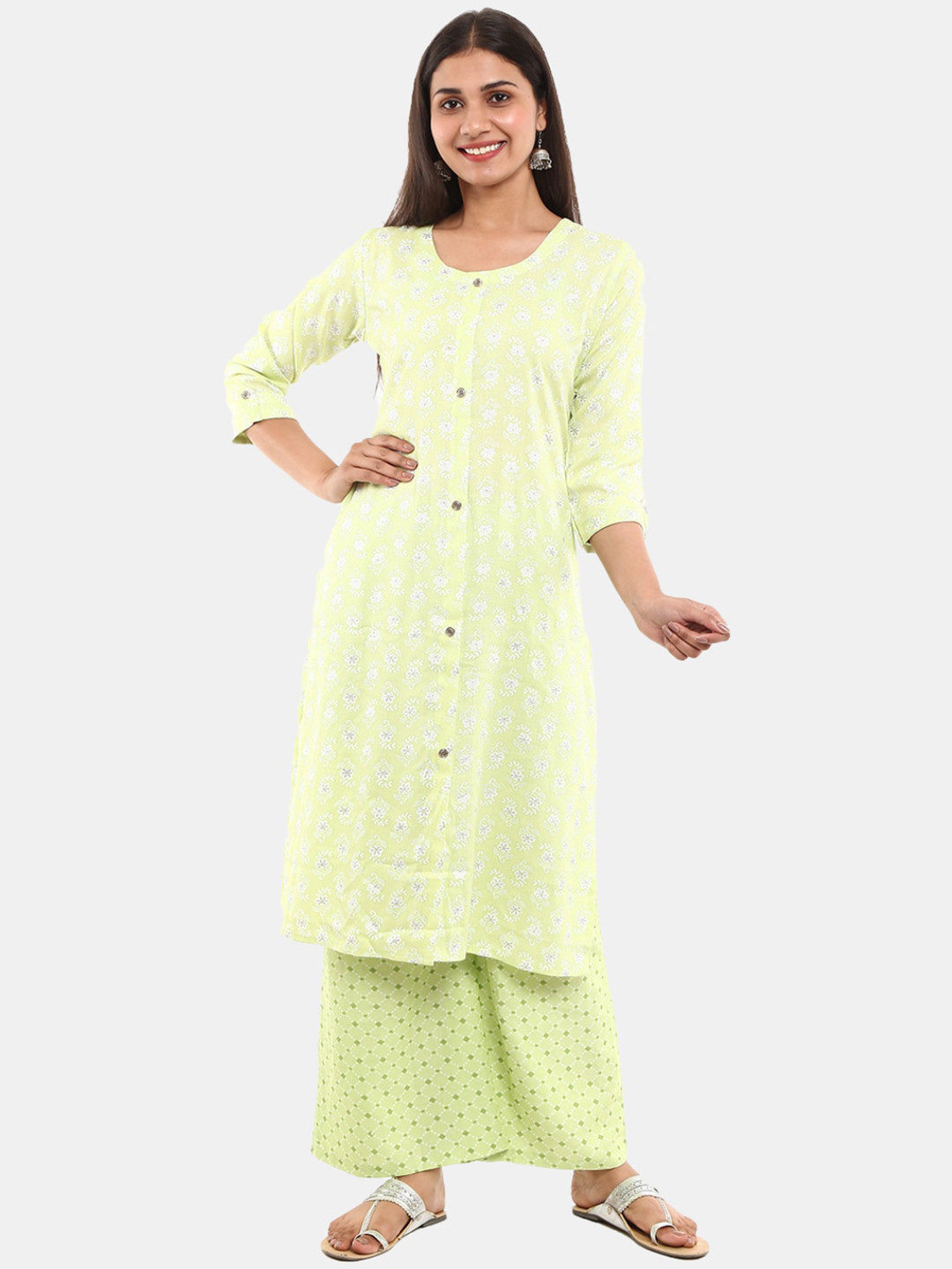 

V-Mart Women Floral Printed Kurta with Palazzos, Lime green