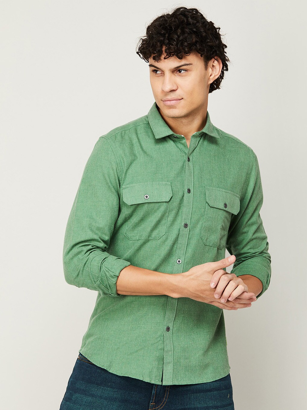 

Bossini Men Slim Fit Casual Cotton Shirt, Green