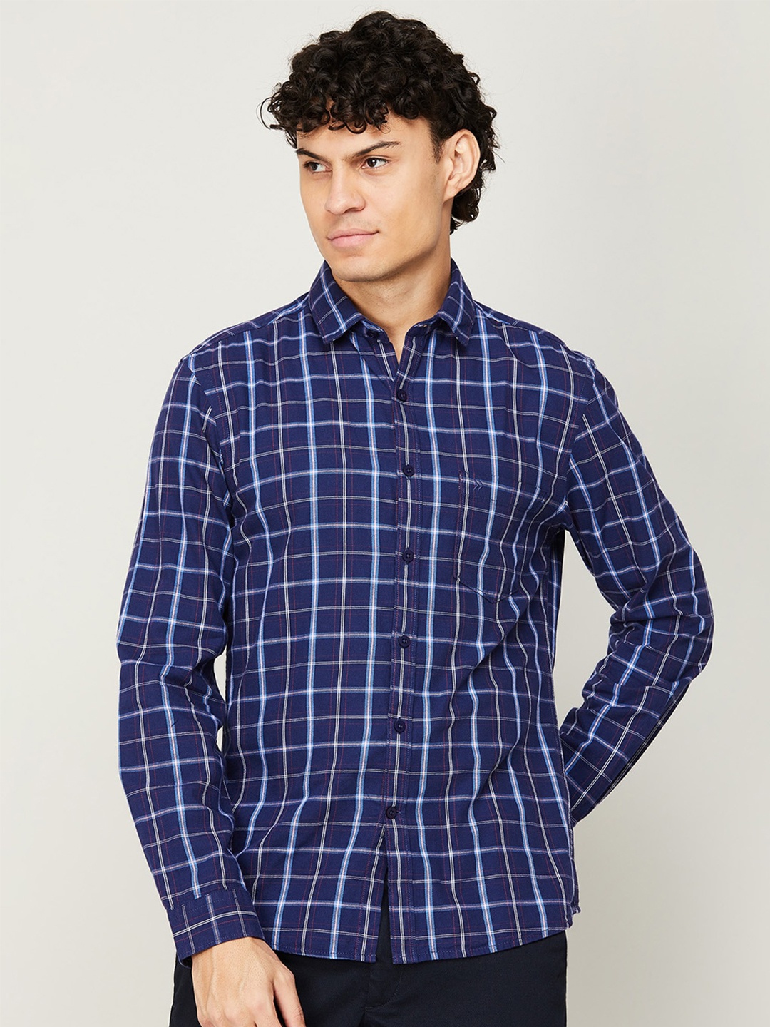 

CODE by Lifestyle Men Long Sleeves Slim Fit Checked Casual Cotton Shirt, Navy blue