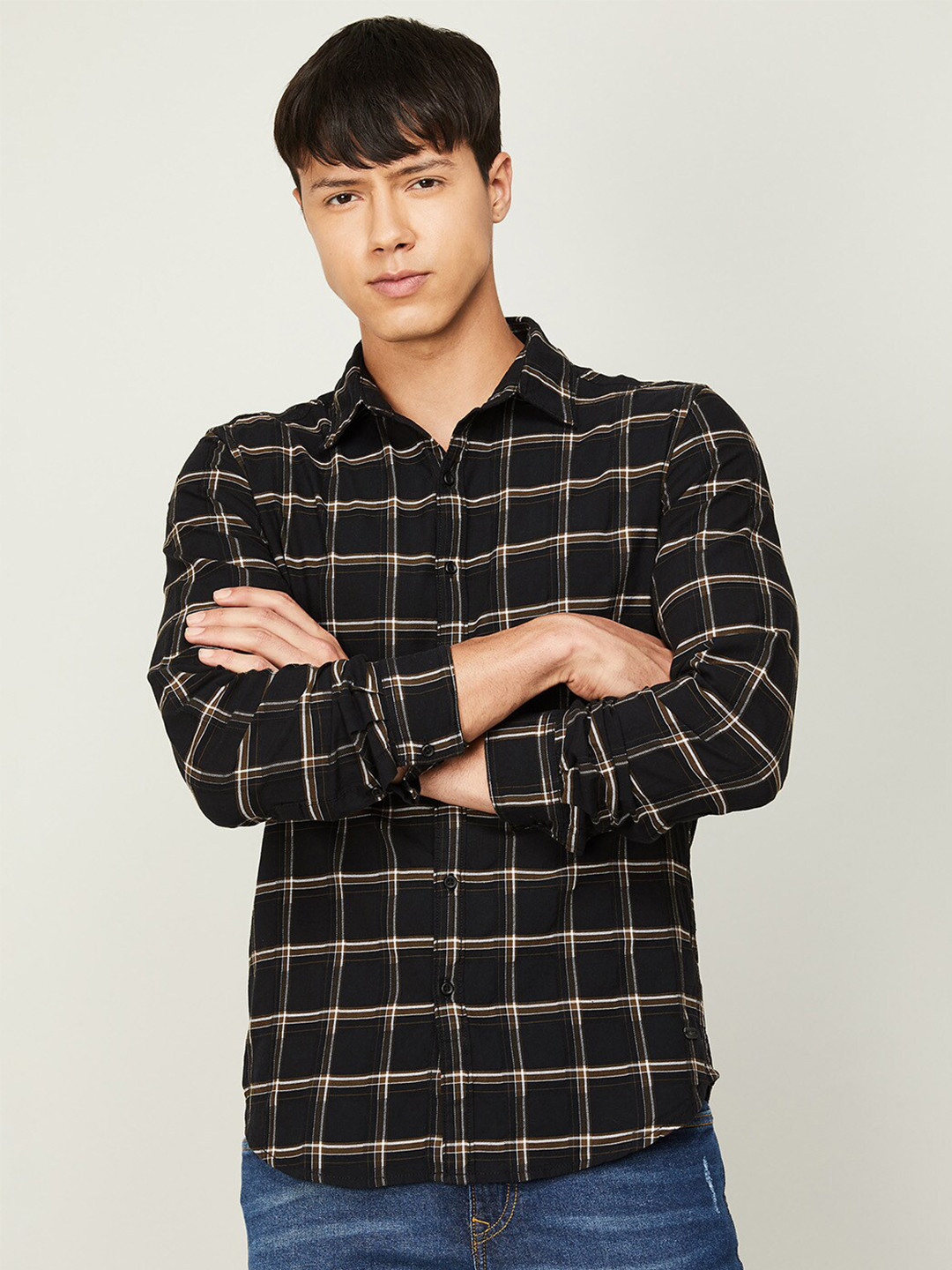 

Fame Forever by Lifestyle Men Slim Fit Windowpane Checked Casual Cotton Shirt, Black