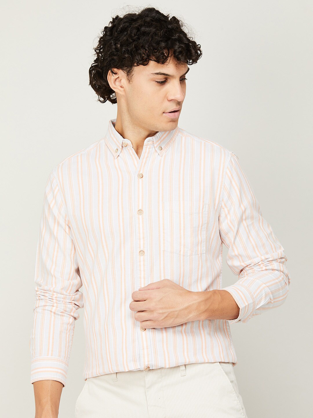 

Fame Forever by Lifestyle Men Striped Button-Down Collar Casual Cotton Shirt, Orange