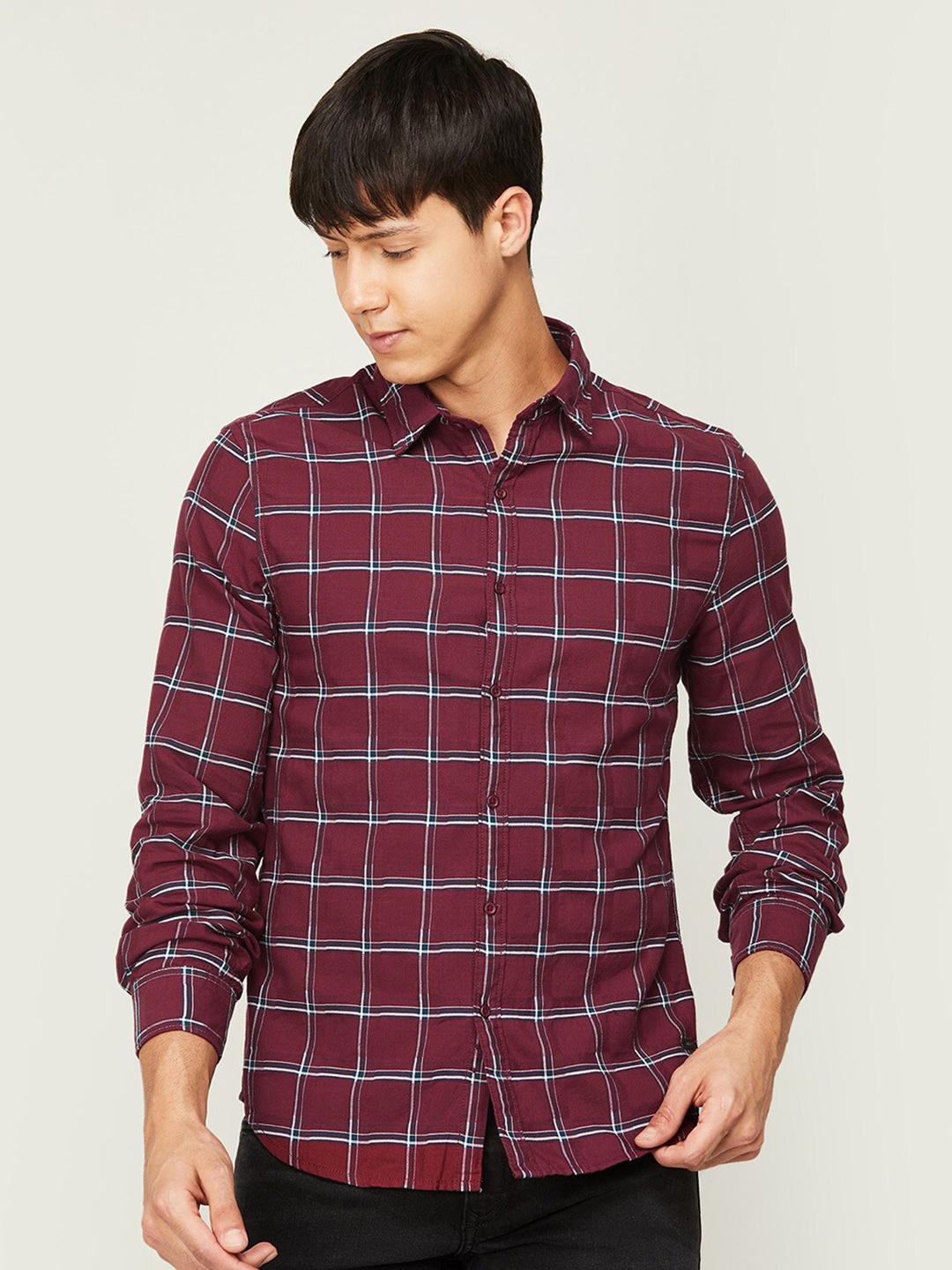

Fame Forever by Lifestyle Men Slim Fit Windowpane Checks Casual Shirt, Maroon