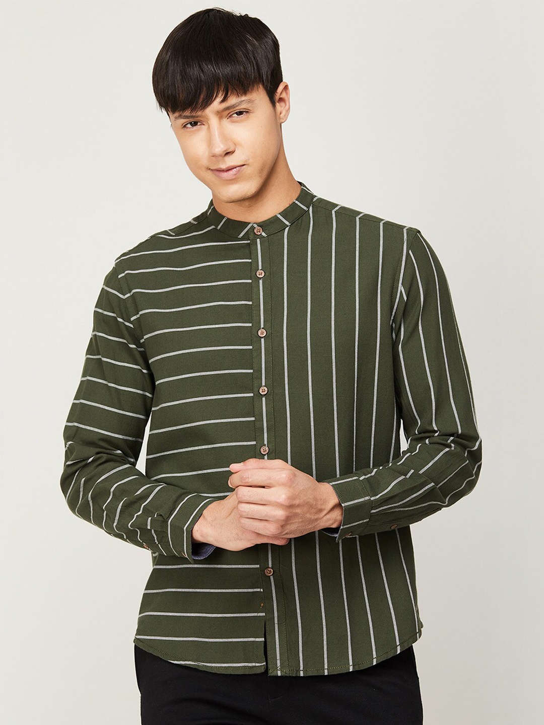 

Melange by Lifestyle Men Striped Cotton Casual Shirt, Olive