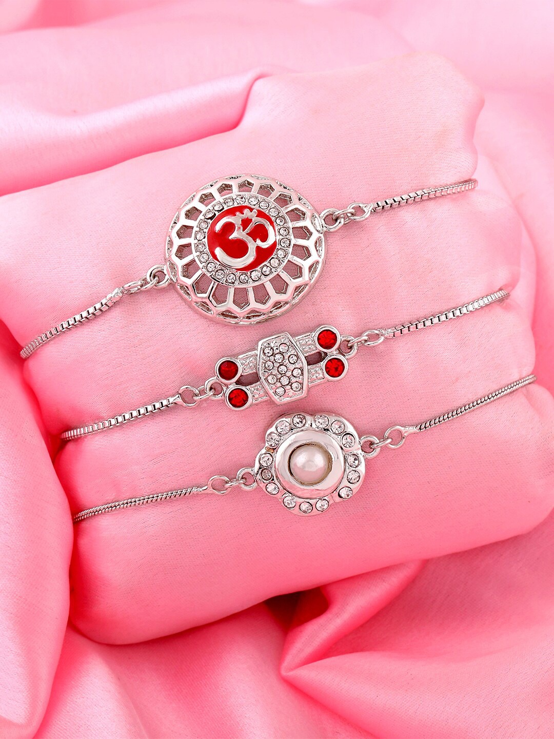 

Estele Women Set Of 3 Silver-Plated Crystals Link Bracelets, Red