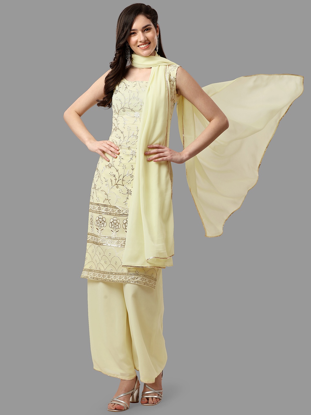

ASPORA Floral Embroidered Kurta with Palazzos & With Dupatta, Yellow