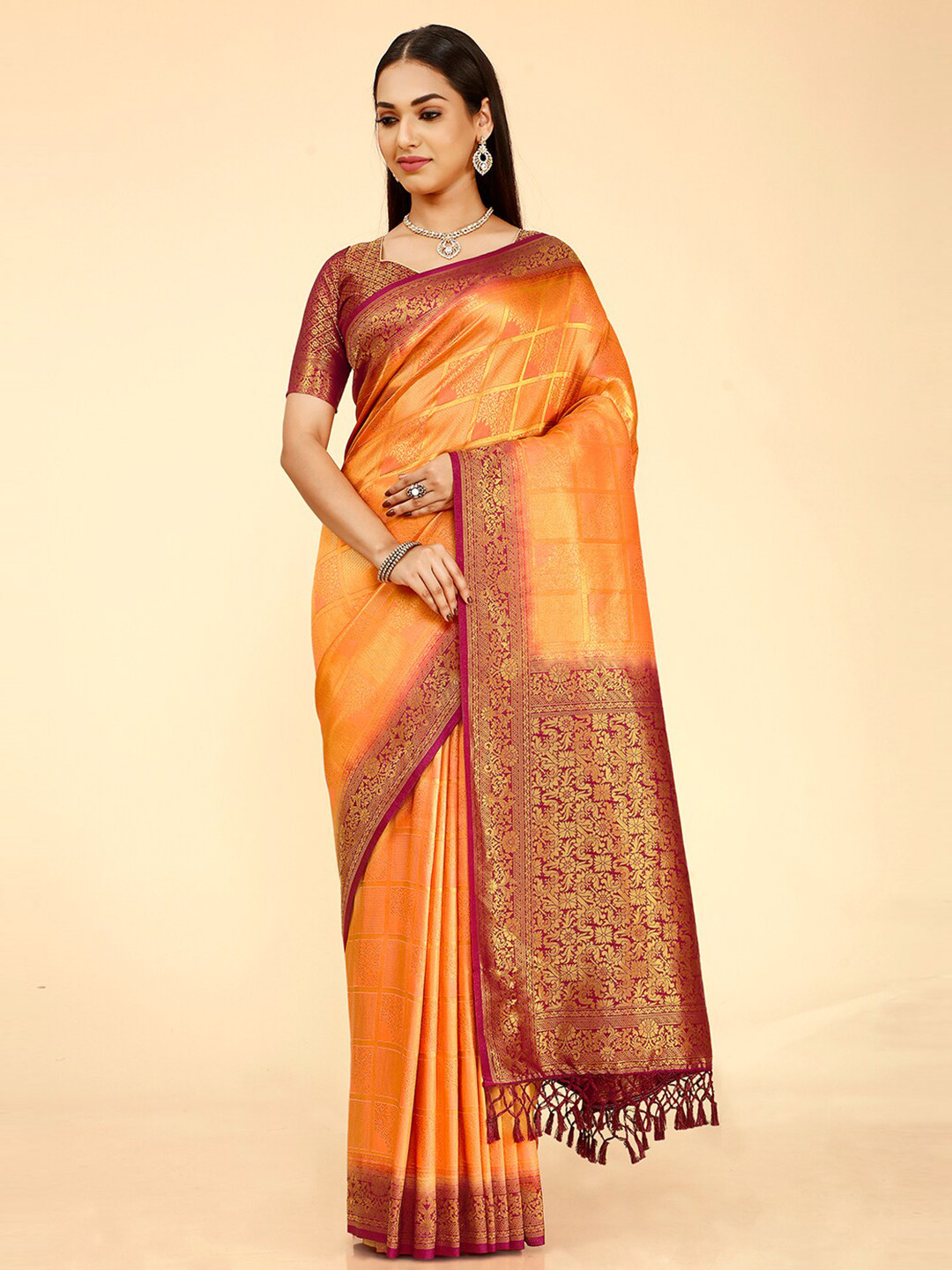 

elora Woven Design Zari Silk Blend Kanjeevaram Saree, Orange