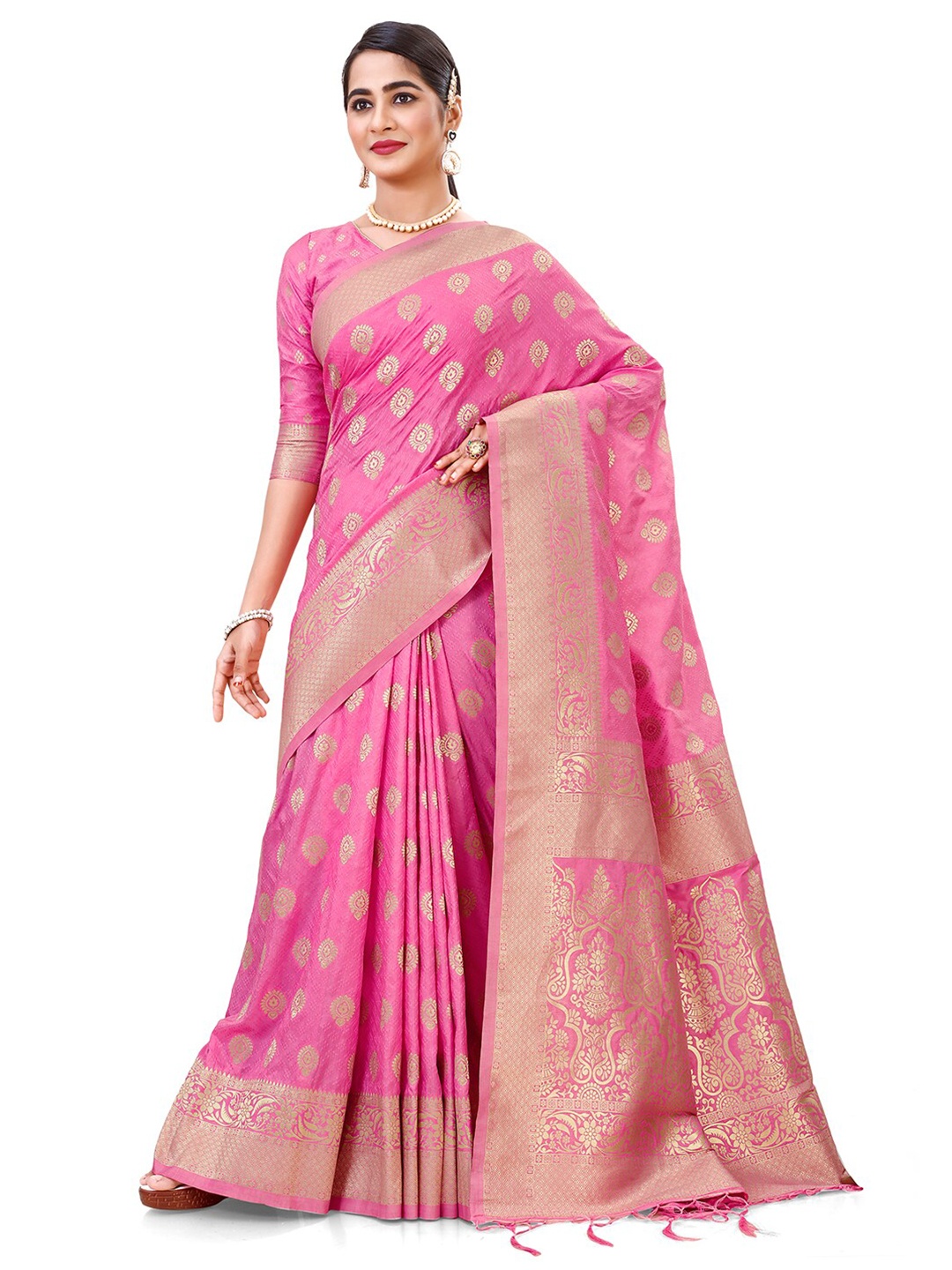 

elora Pink & Gold-Toned Woven Design Zari Silk Blend Banarasi Saree