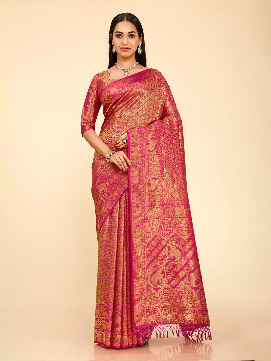 

elora Woven Design Zari Kanjeevaram Saree, Pink