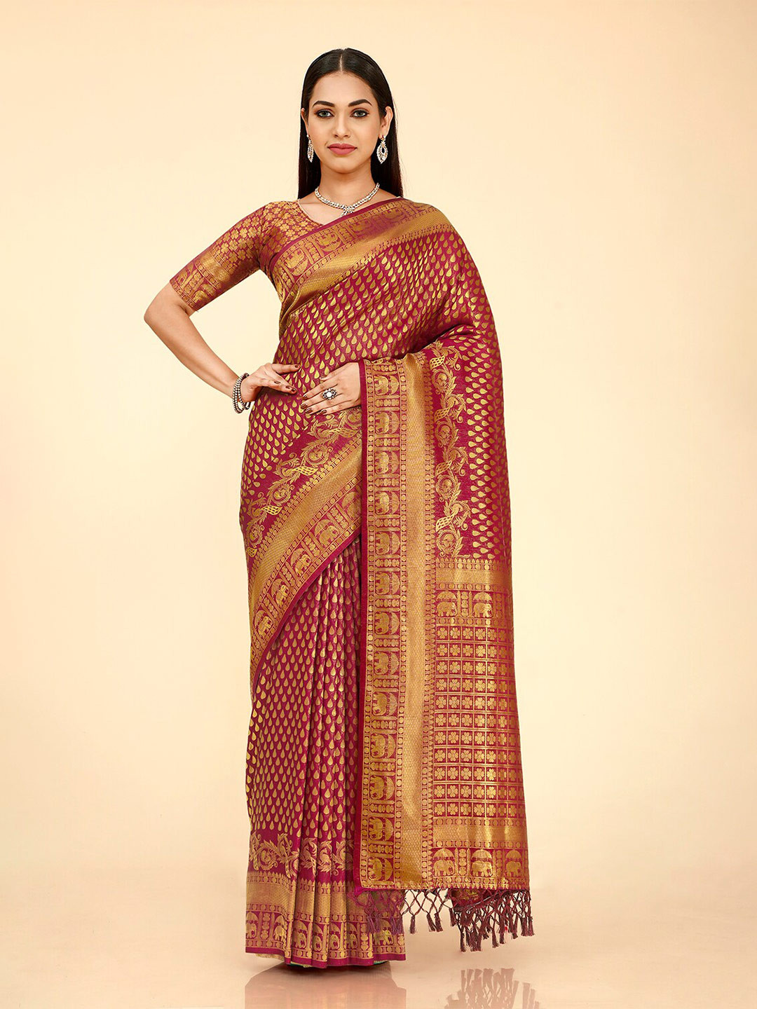 

elora Ethnic Motifs Zari Silk Blend Kanjeevaram Saree, Red