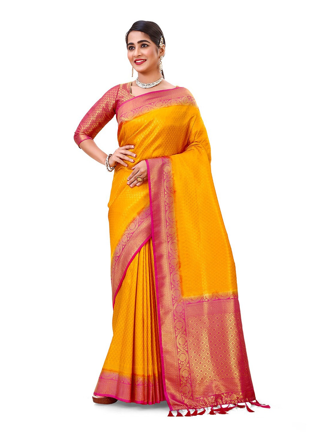 

elora Woven Design Zari Silk Blend Kanjeevaram Saree, Orange